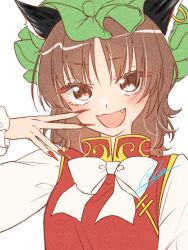 1girl animal_ear_fluff animal_ears blush_stickers bow bowtie brown_hair cat_ears chen china_dress chinese_clothes dress earrings fang fingernails gold_trim green_hat half-closed_eyes hand_up hat jewelry long_fingernails looking_at_viewer mandarin_collar mob_cap nail_polish open_mouth perfect_cherry_blossom puffy_short_sleeves puffy_sleeves red_dress red_nails shirt short_hair short_sleeves signature single_earring solo souta_(karasu_no_ouchi) touhou white_background white_bow white_bowtie white_shirt