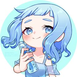 1girl amakusa_setoka blue_eyes blue_hair blush bottle closed_mouth commentary_request deformed dot_nose highres holding holding_bottle looking_at_viewer medium_hair original ramune smile solo upper_body