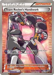Rule 34 | 1girl, 2boys, ariga hitoshi, artist name, belt, black hat, black pants, black shirt, black skirt, boots, butterfly net, copyright name, copyright notice, english text, evil grin, evil smile, eyelashes, facial hair, great ball, grey belt, grey boots, grin, hand net, hat, holding, holding butterfly net, holding poke ball, multiple boys, nintendo, official art, orange eyes, pants, pink hair, poke ball, poke ball (basic), pokemon, pokemon card, pokemon tcg, shirt, short hair, skirt, smile, team rocket, team rocket grunt, third-party source, trading card