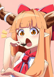 1girl blunt_bangs blush bow bowtie brown_eyes brown_horns chocolate commentary_request food hair_bow hair_intakes highres holding holding_chocolate holding_food horns ibuki_suika kurohiba long_hair looking_at_viewer notice_lines open_mouth orange_hair pink_background pointy_ears red_bow red_bowtie shirt sidelocks simple_background sleeveless sleeveless_shirt solo touhou upper_body white_shirt