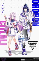 1boy 1girl adjusting_hood alternate_costume bag black_pants blazer blue_bow blue_eyes bow braid character_name citlali_(genshin_impact) citlalin_(genshin_impact) closed_mouth commentary_request facial_mark food full_body genshin_impact hair_bow hand_up heterochromia highres holding holding_bag holding_food holding_ice_cream holding_ice_cream_cone hood hood_up hoodie ice_cream ice_cream_cone iktomisaurus_(genshin_impact) itzpapa_(genshin_impact) jacket lapels long_hair long_sleeves looking_at_object notched_lapels ororon_(genshin_impact) pants parted_lips pink_hair pink_pupils red_eyes red_socks sandals shiba_(tonari_no_shiba_inu) shirt shoes short_sleeves skirt smile sneakers socks tongue tongue_out triangle triangle_facial_mark twin_braids white_hoodie white_shirt white_shoes white_skirt zoom_layer