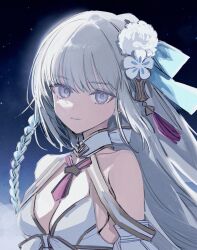 1girl bare_shoulders bikini blue_eyes braid breasts choker cleavage cleavage_cutout clothing_cutout detached_sleeves fate/grand_order fate_(series) flower front-tie_bikini_top front-tie_top gold_trim hair_between_eyes hair_flower hair_ornament hair_ribbon large_breasts long_hair looking_at_viewer morgan_le_fay_(fate) morgan_le_fay_(water_princess)_(fate) okchun ponytail red_brooch ribbon sidelocks smile solo star_(sky) starry_sky_background swimsuit upper_body very_long_hair white_bikini white_hair