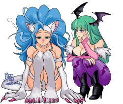 2girls animal_ears black_leotard blue_eyes blue_hair blunt_bangs breasts bridal_gauntlets cat_ears cat_girl cat_tail claws cleavage darkstalkers demon_girl demon_wings felicia_(darkstalkers) green_eyes green_hair head_wings leotard morrigan_aensland multiple_girls pantyhose purple_pantyhose simple_background squatting strapless strapless_leotard tail tokisige white_background wings
