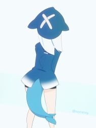 1girl animated animated_gif bike_shorts fins fish_tail from_behind gawr_gura gawr_gura_(1st_costume) hat highres hololive hololive_english long_hair nommny self-upload shark_tail simple_background solo standing swaying tail twitter_username virtual_youtuber white_background