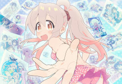 Rule 34 | :d, ahoge, ass, bikini, bikini skirt, blush, blush stickers, brown eyes, collage background, cowboy shot, frilled bikini top, frills, from behind, hair ornament, hair scrunchie, highres, long hair, looking at viewer, looking back, matado (almukha), onii-chan wa oshimai!, open mouth, outstretched arm, oyama mahiro, pink hair, polka dot, polka dot bikini, polka dot swimsuit, ponytail, reaching, reaching towards viewer, scrunchie, smile, solo, strap, swimsuit, watermark