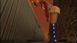 1girl 3d antennae ass belt blonde_hair boots breasts brown_eyes cleavage costume female_focus gloves hack headphones heart heather_mason legs looking_down motor_vehicle outdoors panties plant princess_heart short_hair silent_hill silent_hill_(series) silent_hill_3 skirt sky solo star_(symbol) underwear upskirt van vines wall