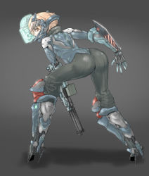 ass bad_id bad_pixiv_id blonde_hair cyborg gun hologram looking_back short_hair sigama solo weapon yellow_eyes