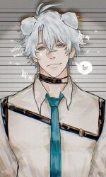 Rule 34 | 1boy, alternate costume, animal ears, antenna hair, black choker, blue eyes, chest belt, choker, collared shirt, commentary, dog boy, dog ears, english commentary, harness, heart, highres, honkai: star rail, honkai (series), lizzkumo, looking at viewer, male focus, parted bangs, phainon (honkai: star rail), shirt, short hair, solo, spoken heart, upper body, white hair, white shirt