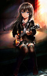 1girl absurdres bed black_hair black_jacket black_thighhighs blazer blue_eyes collared_shirt curtains electric_guitar full_body gibson_les_paul grace16 guitar hair_ribbon highres holding holding_instrument indoors instrument jacket lips long_hair long_sleeves looking_at_viewer music neck_ribbon on_bed parted_lips plaid_clothes plaid_skirt playing_instrument red_ribbon ribbon school_uniform shirt sitting skirt sobu_high_school_uniform solo thighhighs white_shirt winter_uniform yahari_ore_no_seishun_lovecome_wa_machigatteiru. yukinoshita_yukino zettai_ryouiki