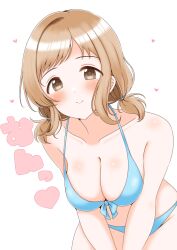 1girl absurdres aqua_bikini asymmetrical_bangs bare_arms bare_shoulders bikini blush breasts brown_eyes brown_hair cleavage collarbone cowboy_shot dot_nose front-tie_bikini_top front-tie_top heart highres idolmaster idolmaster_shiny_colors lapisppigeons large_breasts leaning_forward looking_at_viewer low_twintails medium_hair official_alternate_hairstyle sakuragi_mano short_twintails smile solo swept_bangs swimsuit tareme twintails white_background