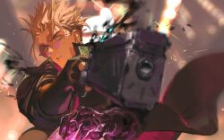 1boy blue_hair blurry blurry_background citronplanet coat commentary_request earrings foreshortening gun highres holding holding_gun holding_weapon jewelry long_coat looking_at_viewer mole mole_under_eye prosthesis prosthetic_arm red_coat round_eyewear single_earring sunglasses tinted_eyewear trigun undercut vash_the_stampede weapon