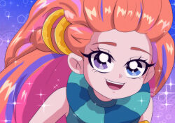 1990s_(style) 1girl blue_eyes blush brenni_murasaki heterochromia league_of_legends long_hair looking_at_viewer multicolored_hair open_mouth orange_hair pink_hair purple_eyes purple_hair retro_artstyle smile solo very_long_hair zoe_(league_of_legends)