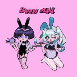 1boy 1girl alternate_costume animal_ear_hairband animal_ears apron black_bow black_bowtie black_hairband black_leotard black_skirt black_sleeves blunt_ends blush bow bowtie cake cake_slice cherry clenched_hand clenched_teeth collar cropped_legs cross-shaped_pupils crossdressing cup detached_collar fake_animal_ears fishnet_thighhighs fishnets food frilled_apron frilled_sleeves frills fruit full_body genshin_impact green_eyes hair_ornament hairband highleg highleg_leotard highres holding holding_plate holding_riding_crop huwahuwaom ice_cream index_finger_raised jitome juice juliet_sleeves kettle leaf leaf_hair_ornament leotard long_hair long_sleeves looking_at_another lower_eyelashes_only male_playboy_bunny nahida_(genshin_impact) o-ring o-ring_thigh_strap open_mouth pantyhose pink_background plate pointy_ears puffy_sleeves purple_eyes purple_hair rabbit_ears rabbit_tail riding_crop scaramouche_(genshin_impact) short_sleeves side_ponytail sidelocks skirt strapless strapless_leotard strawberry_cake sundae symbol-shaped_pupils tail teacup teeth thigh_strap thighhighs waist_apron white_collar white_hair white_pantyhose white_sleeves wrist_cuffs