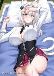 1girl aged_up animal_ear_fluff animal_ears black_ribbon blush breasts cat_ears cat_girl cat_hair_ornament cat_tail cleavage collared_shirt female_focus futon hair_intakes hair_ornament hellandheaven high_school_dxd highres kuoh_academy_school_uniform large_breasts multiple_tails no_bra patreon_username pillow pink_skirt ribbon school_uniform shirt skirt solo tail tatami toujou_koneko two_tails underbust white_shirt yellow_eyes