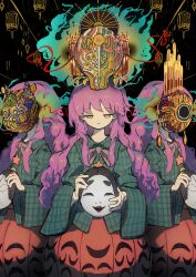 1girl 3girls absurdres aqua_shirt clone closed_mouth cowboy_shot fire hata_no_kokoro highres holding holding_mask long_hair long_sleeves looking_at_viewer mask multiple_girls neruzou noh_mask orange_skirt pink_hair plaid_clothes plaid_shirt shirt skirt standing touhou wide_sleeves