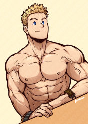 1boy abs absurdres adam&#039;s_apple bara blonde_hair blue_eyes boku_no_hero_academia cuffs highres jewelry kuroshinki large_pectorals looking_at_viewer male_focus multiple_scars muscular muscular_male obliques pectorals scar short_hair smirk solo togata_mirio topless_male twitter_username undercut upper_body veins veiny_arms watermark