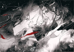 2boys alternate_hairstyle black_background black_hair black_hanfu braid chinese_clothes closed_mouth expressionless faux_traditional_media floating_hair from_side grey_eyes greyscale hair_ribbon half_up_braid half_updo hanfu headband ink_wash_painting kcllzas163 lan_wangji light_particles long_hair looking_at_another male_focus modao_zushi monochrome multiple_boys parted_lips ponytail red_ribbon ribbon smoke spot_color third-party_source upper_body watermark wei_wuxian weibo_watermark white_hanfu white_headband yaoi