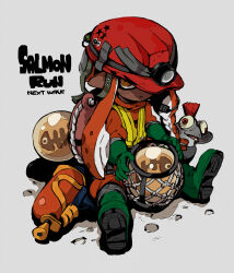 1girl boots braid brown_eyes commentary_request copyright_name dark-skinned_female dark_skin elbow_gloves full_body gloves golden_egg_(splatoon) green_boots green_gloves grey_background hat_over_one_eye headlamp headset helmet high-visibility_clothing high-visibility_vest highres holding inkling inkling_girl inkling_player_character jumpsuit keijou_(cave) long_hair long_sleeves looking_at_viewer mining_helmet nintendo one_eye_covered orange_hair orange_jumpsuit parted_lips pointy_ears red_helmet rubber_boots rubber_gloves salmon_run_(splatoon) salmonid single_braid sitting smallfry_(splatoon) solo splatoon_(series) splatoon_3 splattershot_(splatoon) tentacle_hair