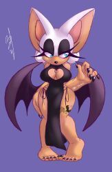 1girl alternate_costume arm_behind_back artist_name artist_request blue_eyes breasts cleavage_cutout clothing_cutout dark-skinned_female dark_skin dress feet fingernails full_body goth_fashion heart_cutout highres large_breasts makeup mouthless nails purple_background rouge_the_bat sharp_fingernails sonic_(series) tattoo white_fur wings