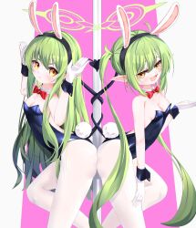 2girls :d :v absurdres alternate_costume animal_ears ass ass-to-ass ass_press backless_leotard bare_shoulders between_buttocks black_leotard blue_archive blush bow bowtie breast_press breasts cleavage curly_hair demon_girl demon_tail detached_collar expressionless from_side gloves green_hair green_halo hair_between_eyes half-closed_eyes halo hand_on_own_thigh hand_up hands_up heart_tail_duo highres hikari_(blue_archive) knee_up leaning_back leaning_forward legs leotard light_frown long_hair looking_at_viewer looking_back multiple_girls nekodama2000 nozomi_(blue_archive) open_mouth pantyhose playboy_bunny pole rabbit_ears rabbit_tail red_bow red_bowtie siblings sisters small_breasts smile smug strapless strapless_leotard stripper_pole symmetrical_docking tail tail_wrap thighs twins twintails very_long_hair white_gloves wrist_cuffs yellow_eyes