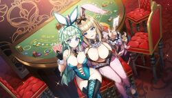 2girls ace_(playing_card) ace_of_hearts animal_ear_hairband animal_ears between_breasts black_gloves black_necktie black_thighhighs blonde_hair blue_eyes breasts card casino casino_card_table closed_mouth collared_shrug covered_navel detached_collar dolphin_wave fake_animal_ears from_above frontless_outfit gambling game_cg gloves green_hair green_leotard hair_intakes hairband heart highleg highleg_leotard highres kirahoshi_kanna kishimen_hair large_breasts leotard long_hair looking_at_viewer medium_breasts meme_attire multiple_girls navel necktie necktie_between_breasts non-web_source official_alternate_costume official_art ootomo_takuji open_mouth playboy_bunny playing_card poker_chip poker_table rabbit_ear_hairband rabbit_ears revealing_clothes reverse_bunnysuit reverse_outfit selena_lewis shrug_(clothing) smile strapless strapless_leotard table thighhighs wavy_hair white_wrist_cuffs wrist_cuffs