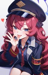 Rule 34 | 1girl, armband, blue archive, blue halo, commentary, fellatio gesture, fluffy hair, gehenna academy logo, halo, hat, heart, highres, iroha (blue archive), jacket, karaage (xxxmido02), looking at viewer, loose necktie, military hat, military jacket, necktie, ok sign, peaked cap, pencil skirt, purple halo, red armband, red hair, red necktie, safety pin, skirt, solo, tongue, tongue out