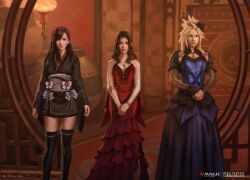 Rule 34 | 1boy, 2girls, aerith gainsborough, aerith gainsborough (red dress), andreiaugrai, black hair, black kimono, black thighhighs, blonde hair, bow, braid, breasts, brown hair, cleavage, cloud strife, cloud strife (blue dress), crossdressing, dress, final fantasy, final fantasy vii, final fantasy vii remake, flower, hair bow, hair flower, hair ornament, highres, japanese clothes, kimono, long dress, magic: the gathering, multiple girls, official alternate costume, official alternate hairstyle, official art, short kimono, spiked hair, thighhighs, tifa lockhart, tifa lockhart (exotic dress), twin braids