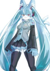 1boy :3 absurdres animal_ear_fluff animal_ears black_boots black_skirt black_sleeves blue_hair blue_necktie blunt_bangs boots breasts cat_boy cat_ears cat_tail closed_mouth collared_shirt commentary_request cosplay crossdressing crossover detached_sleeves feet_out_of_frame forked_tail furrification furry furry_male grey_shirt hair_ornament hatsune_miku hatsune_miku_(cosplay) headset heterochromia highres japan_air_self-defense_force_omaezaki_sub-base long_hair long_sleeves looking_at_viewer male_focus male_with_breasts miniskirt monatatu83 necktie number_tattoo omaneko pleated_skirt red_eyes shirt shoulder_tattoo simple_background skirt sleeveless sleeveless_shirt small_breasts smile solo standing tail tattoo thigh_boots trap twintails very_long_hair vocaloid white_background yellow_eyes