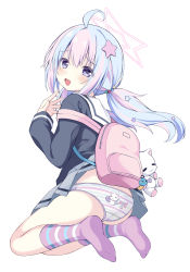 1girl :d accidental_exposure ahoge animal_print ass backpack bag black_shirt blue_archive blue_hair blush cat_panties cat_print cat_print_panties clothes_lift clothes_writing commentary_request from_behind full_body grey_skirt hair_between_eyes hair_ornament halo hand_up heart heart_panties heart_print highres long_hair long_sleeves looking_at_viewer looking_back low_twintails multicolored_hair no_shoes open_mouth panties pink_hair pink_socks pleated_skirt print_panties purple_eyes reisa_(blue_archive) sailor_collar sakuraba_hikaru_(loveindog) shirt simple_background skirt skirt_lift sleeves_past_wrists smile socks soles solo star_(symbol) star_hair_ornament star_panties star_print streaked_hair striped_clothes striped_panties striped_socks stuffed_animal stuffed_cat stuffed_toy twintails underwear white_background white_sailor_collar
