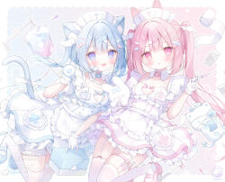 2girls animal_ear_fluff animal_ears apron blue_dress blue_eyes blue_hair blush breasts cat cat_ears cat_girl cat_tail detached_collar dress eyepatch frills garter_straps gloves hair_ornament hat headdress highres holding holding_stethoscope holding_syringe long_hair looking_at_viewer multiple_girls nurse nurse_cap omochi_monaka open_mouth original parted_lips pink_dress pink_eyes pink_hair smile stethoscope syringe tail thighhighs twintails white_apron white_gloves white_thighhighs