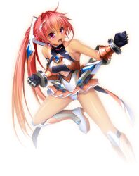 1girl :o armor armored_boots armpits bare_shoulders black_gloves blush boots bracer breasts cameltoe cleavage cleavage_cutout clenched_hands clothing_cutout covered_collarbone covered_erect_nipples covered_navel elbow_gloves exs-tia_sol faulds fighting_stance gauntlets gem gloves gradient_hair greaves groin groin_tendon hair_between_eyes hair_intakes hair_ornament halterneck headgear high_heel_boots high_heels high_ponytail highleg highleg_leotard highres jewelry kamitsurugi_ouka knee_boots kouyoku_senki_exs-tia_concert large_breasts leg_lift leg_up leotard long_hair looking_at_viewer magical_girl medium_breasts miniskirt multicolored_hair official_art oosumi_kanon open_mouth orange_hair orange_skirt pleated_skirt ponytail purple_eyes red_hair shiny_skin showgirl_skirt sideboob simple_background skin_tight skirt solo tan tanline taut_clothes thighs turtleneck v-shaped_eyebrows vambraces very_long_hair white_background