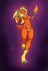 1girl blaziken blue_eyes breasts female_focus fire full_body furry furry_female gen_3_pokemon gradient_background highres muscular nintendo nipples one_eye_closed panties pokemon pokemon_(creature) smile solo underwear wink