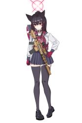 1girl absurdres alternate_hairstyle animal_ear_fluff animal_ears assault_rifle black_hair black_shoes black_skirt black_thighhighs blue_archive bulletproof_vest closed_mouth dnlwnsaks fox_ears fox_girl gloves gun hair_between_eyes halo hand_on_own_hip highres holding holding_gun holding_weapon long_hair ponytail red_eyes red_gloves red_halo rifle shaded_face shirt shoes skirt solo thighhighs weapon white_shirt yukino_(blue_archive) zettai_ryouiki