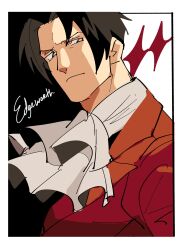 1boy absurdres ace_attorney ascot black_hair border closed_mouth highres jacket kendy_(revolocities) long_sleeves looking_at_viewer male_focus miles_edgeworth red_jacket solo sparkle upper_body white_ascot white_border