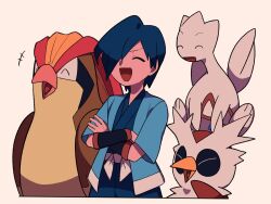 +++ 1boy :d blue_hair blue_kimono closed_eyes crossed_arms delibird falkner_(pokemon) game_freak gen_1_pokemon gen_2_pokemon happy jacket japanese_clothes kimono male_focus nintendo open_clothes open_jacket open_mouth pidgeot pokemon pokemon_(creature) pokemon_gsc sash short_hair smile togetic tyako_089 white_sash