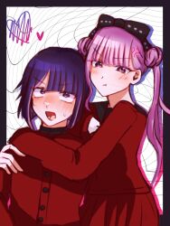 black_bow blush bow brother_and_sister closed_mouth heart highres incest long_sleeves matching_outfits open_mouth pink_eyes pink_hair purple_hair siblings simple_background sweat sweatdrop the_hundred_line_-last_defense_academy- tongue tsukumo_ima tsukumo_kako twincest twins white_background