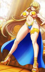 1girl armor bikini_armor blonde_hair bloodstained:_ritual_of_the_night bracelet cape cosplay dominique_(bloodstained) glasses hand_on_own_hip high_heels highres jewelry long_hair revenantart shantae_(cosplay) solo