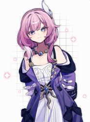 1girl arms_behind_back blue_eyes closed_mouth coat commentary cyrene_(honkai:_star_rail) dress hair_ornament highres honkai:_star_rail honkai_(series) jewelry looking_at_viewer medium_hair multicolored_hair necklace pink_hair pino_(pino2452) purple_coat smile solo symbol-only_commentary two-tone_hair white_background white_dress white_hair