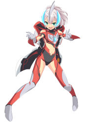 1girl armor black_footwear black_gloves black_leotard blush boots claw_pose clothing_cutout color_timer cross_(crossryou) fighting_stance geed_claw geed_riser gloves green_eyes grey_armor grey_footwear grey_gloves grey_hair grey_leotard headpiece high_heels leotard long_hair looking_at_viewer navel navel_cutout open_mouth personification ponytail red_footwear red_gloves red_leotard smile standing thigh_boots thighhighs ultra_series ultraman_geed ultraman_geed_(series) white_background