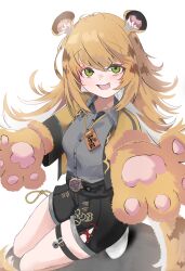 Rule 34 | 1girl, absurdres, animal ear fluff, animal ears, blonde hair, breasts, colored inner hair, fingerless gloves, gloves, green eyes, highres, ju fufu, long hair, looking at viewer, multicolored hair, open mouth, shirt, shorts, smile, solo, tail, tiger ears, tiger girl, tiger tail, white hair, youp (youp art), zenless zone zero