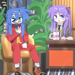 2girls batman_(series) blue_hair brown_shoes cosplay dc_comics highres hiiragi_kagami izumi_konata joker_(2019) joker_(dc)_(cosplay) lucky_star multiple_girls murray_franklin_(cosplay) shoes