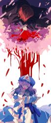 Rule 34 | 2girls, absurdres, black kimono, blood, blood on hands, blue dress, blue hat, breasts, cherry blossoms, closed eyes, dress, dual persona, hat, highres, japanese clothes, kimono, long hair, long sleeves, medium breasts, mob cap, multiple girls, pink hair, red hair, saigyou ayakashi, saigyouji yuyuko, saigyouji yuyuko (living), touhou, tree, triangular headpiece, wide sleeves, xian qishui