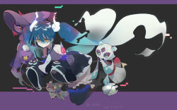 1girl arin_(fanfan013) black_background black_boots black_skirt black_sleeves blue_hair boots choppy_bangs closed_mouth collarbone creatures_(company) dated detached_arm detached_legs detached_sleeves dot_mouth drifloon expressionless floating floating_hair floating_neckwear froslass full_body game_freak gen_4_pokemon gen_5_pokemon gen_7_pokemon ghost_miku_(project_voltage) ghost_pose glitch gradient_hair grey_shirt hair_ornament hair_over_eyes half-closed_eyes hatsune_miku highres hitodama letterboxed litwick looking_at_viewer mimikyu mismagius multicolored_hair necktie nintendo outside_border pokemon pokemon_(creature) project_voltage shaded_face shirt simple_background skirt sleeveless sleeveless_shirt sleeves_past_fingers sleeves_past_wrists solo thigh_boots translucent twintails twitter_username vocaloid white_hair white_necktie yellow_eyes