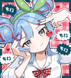 Rule 34 | 1girl, aqua eyes, aqua hair, blush, bow, breasts, cherry, cherry pop (vocaloid), closed mouth, collarbone, collared shirt, double bun, food, fruit, green hairband, hair bun, hair ornament, hairband, hand on own cheek, hand on own face, hatsune miku, heart, heart hair ornament, highres, long sleeves, looking at viewer, medium breasts, pear poi, plaid background, plaid bow, pout, red bow, red hair, red nails, shirt, solo, speech bubble, three-quarter sleeves, translation request, vocaloid, white shirt