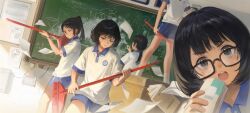Rule 34 | 5girls, aiming, black hair, blue eyes, blue shorts, broom, brown eyes, chalkboard, classroom, closed mouth, collared shirt, commentary, glasses, highres, holding, holding broom, indoors, long hair, meinoss, multiple girls, one eye closed, open mouth, original, ponytail, school uniform, shirt, short hair, short shorts, short sleeves, shorts, teeth, upper teeth only, white shirt