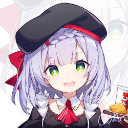 1girl :d alternate_costume artist_name ascot beret black_hat braid braided_bangs chicken_(food) cup detached_collar disposable_cup eyes_visible_through_hair food fried_chicken genshin_impact green_eyes hair_ornament hairclip hat hat_ribbon head_tilt holding holding_tray kfc looking_at_viewer medium_hair noelle_(genshin_impact) noelle_(kfc)_(genshin_impact) open_mouth portrait quan_(kurisu_tina) red_ascot red_ribbon ribbon signature silver_hair single_braid smile solo teeth tray upper_teeth_only zoom_layer