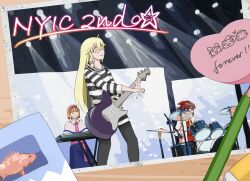 Rule 34 | 3girls, alice margatroid, ascot, black hoodie, black pants, blonde hair, blue dress, bow, braid, brown hair, capelet, chinese commentary, commentary, commentary request, cookie (touhou), dress, drum, drum set, feet out of frame, frilled necktie, guitar, hair bow, hairband, hakurei reimu, heart, highres, hinase (cookie), holding, holding guitar, holding instrument, hood, hoodie, instrument, keyboard (instrument), kirisame marisa, long hair, multiple girls, music, necktie, one eye closed, open mouth, pants, pencil, photo (object), pink bow, pink eyes, pink hairband, pink necktie, playing instrument, red bow, red eyes, reu (cookie), side braid, single braid, sitting, stage lights, standing, star (symbol), striped clothes, striped hoodie, touhou, uzuki (cookie), white capelet, white hoodie, xijun jinlaile, yellow ascot