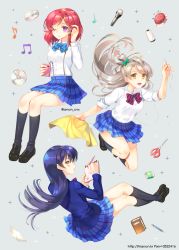 3girls bad_id bad_pixiv_id blazer blue_hair blue_neckwear book bow bowtie commentary_request crossed_legs digital_media_player fabric floating floating_hair floating_object grey_hair hair_between_eyes hair_bow jacket long_hair long_sleeves love_live! love_live!_school_idol_project mechanical_pencil microphone minami_kotori multiple_girls musical_note needle nishikino_maki one_eye_closed one_side_up open_mouth otonokizaka_school_uniform pencil plaid_clothes plaid_skirt pleated_skirt purple_eyes red_hair red_neckwear school_uniform scissors sewing_needle shirt short_hair simple_background skirt sonoda_umi striped_bow striped_bowtie striped_clothes striped_neckwear thread trianon twitter_username white_shirt yellow_eyes