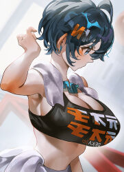 1girl ahoge armpits belle_(zenless_zone_zero) black_tank_top blue_hair breasts cleavage clothes_writing commentary_request earrings green_eyes hair_ornament highres indol jewelry large_breasts letter_hair_ornament short_hair solo tank_top towel towel_around_neck upper_body zenless_zone_zero