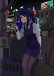 1girl ad beer_crate billboard black_hair can cigarette city city_lights cityscape collared_shirt dog female_focus highres jill_stingray necktie night ningen_(ningen96) pantyhose pencil_skirt purple_skirt shirt skirt smoke smoking solo sunglasses swept_bangs twintails va-11_hall-a vest